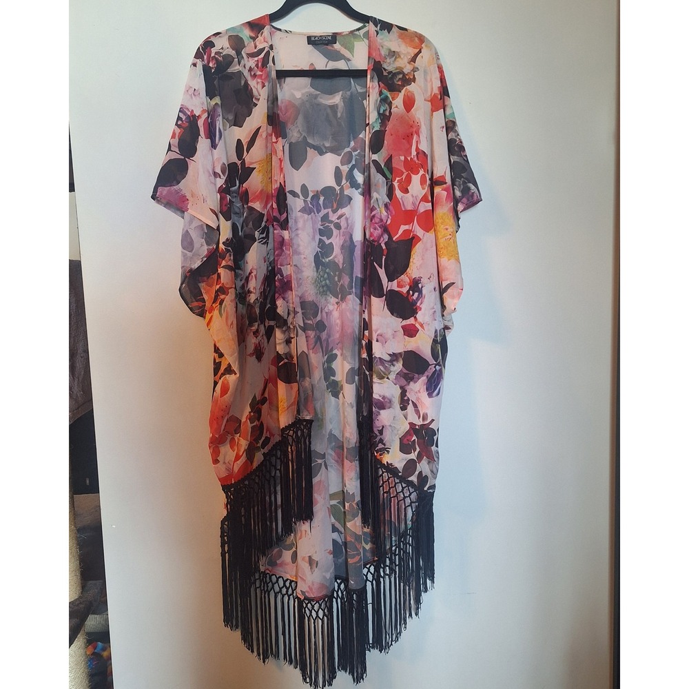 Beach Scene Collection Floral Kimono Swimsuit Cover Up Black Fringe